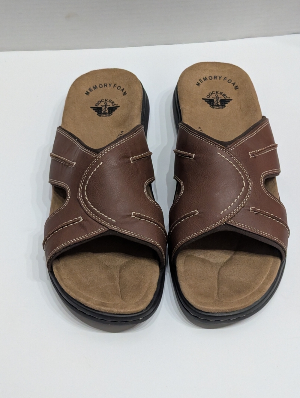 NWOT Dockers Men's 13W Casual Slide Sandals Sunland Brown Faux Leather Memory Fo
